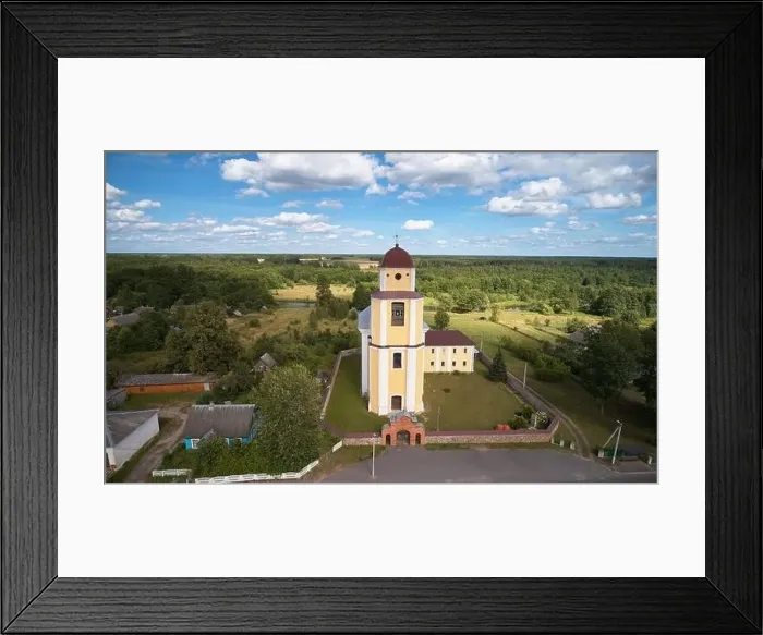 Framed Print : Orthodox church on forest background aerial drone view Framed Print : Orthodox church on forest background aerial drone view