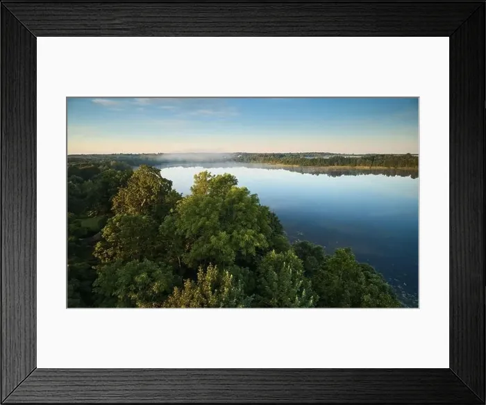 Framed Print : Misty lake in sunrise time with fog aerial drone view Framed Print : Misty lake in sunrise time with fog aerial drone view