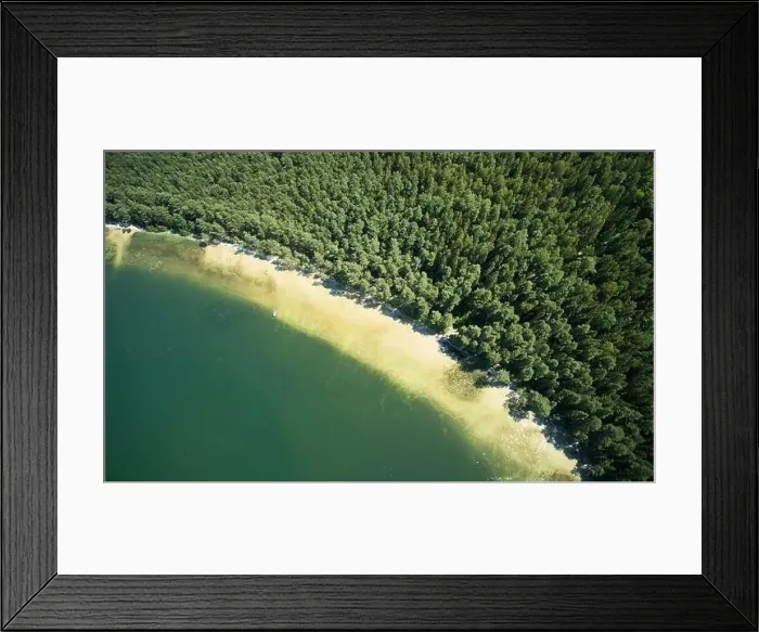 Framed Print : White sand beach on forest shore aerial drone view Framed Print : White sand beach on forest shore aerial drone view