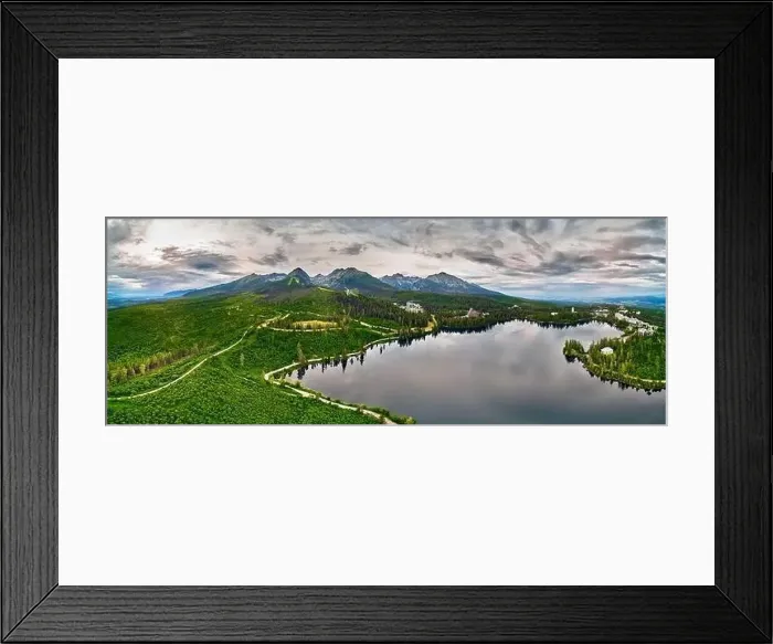 Framed Print : Panoramic aerial drone view of mountain lake in National Park High Tatra Framed Print : Panoramic aerial drone view of mountain lake in National Park High Tatra