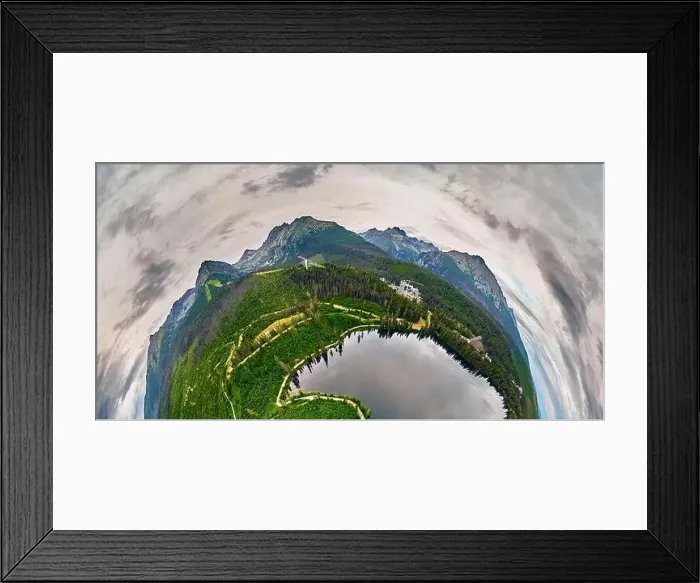 Framed Print : Panoramic aerial drone view of mountain lake in National Park High Tatra Framed Print : Panoramic aerial drone view of mountain lake in National Park High Tatra