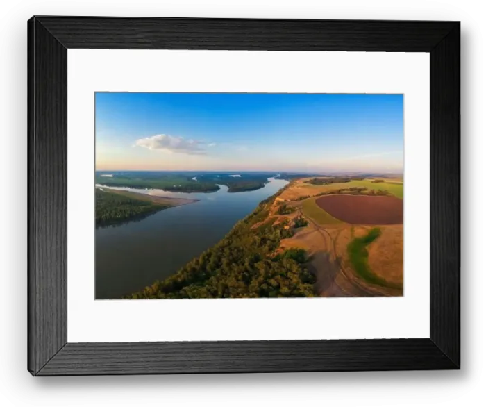 Framed Print : Aerial drone view of river landscape in sunny summer evening Framed Print : Aerial drone view of river landscape in sunny summer evening