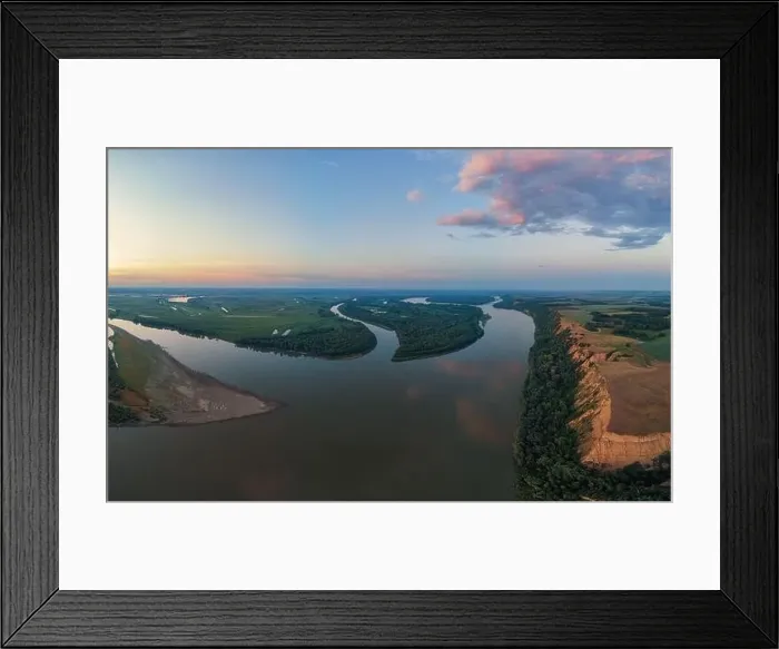 Framed Print : Aerial drone view of river landscape in sunny summer evening Framed Print : Aerial drone view of river landscape in sunny summer evening