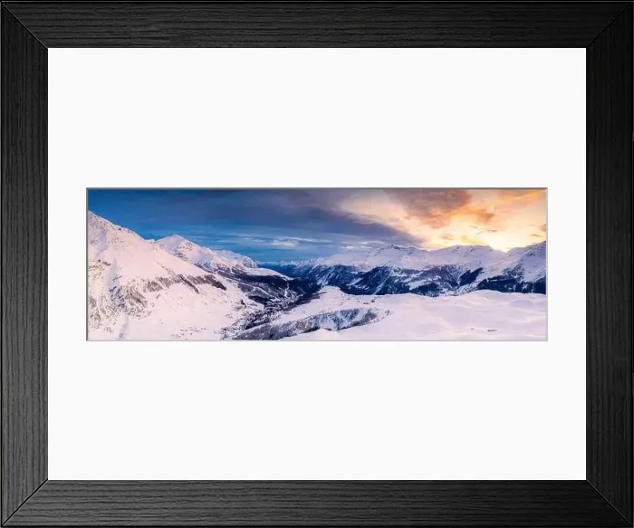 Framed Print : Aerial panoramic by drone of Madesimo and Andossi during a winter sunset Framed Print : Aerial panoramic by drone of Madesimo and Andossi during a winter sunset