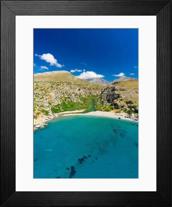 Framed Print : Aerial photo by drone of Preveli beach, Retymno, Crete Island, Greek Islands, Greece, Europe Framed Print : Aerial photo by drone of Preveli beach, Retymno, Crete Island, Greek Islands, Greece, Europe