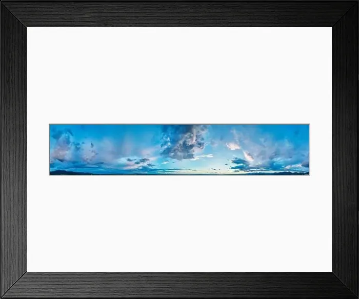 Framed Print : Drone viewpoint of sunset sky in summer season. Panoramic view of dusk clouds Framed Print : Drone viewpoint of sunset sky in summer season. Panoramic view of dusk clouds