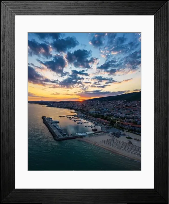 Framed Print : Aerial view to sea resort Sveti Vlas at sunset Framed Print : Aerial view to sea resort Sveti Vlas at sunset