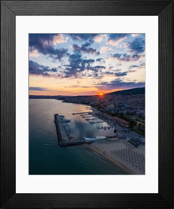 Framed Print : Aerial view to sea resort Sveti Vlas at sunset Framed Print : Aerial view to sea resort Sveti Vlas at sunset