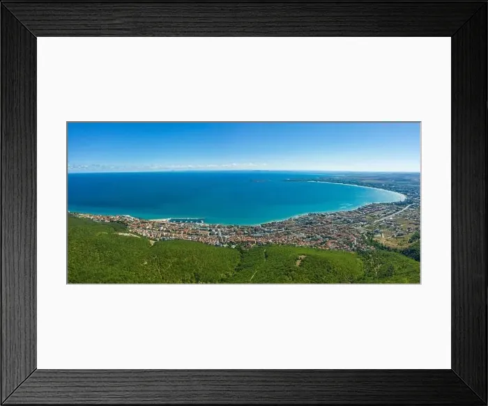 Framed Print : Aerial view of drone to a bay of sea resorts Sveti Vlas, Sunny Beach and Nessebar on the Bulgarian Black Sea coast