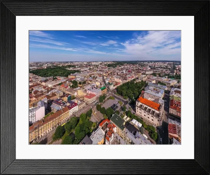 Framed Print : Panoramic aerial view of houses in historical old district of Lviv Framed Print : Panoramic aerial view of houses in historical old district of Lviv