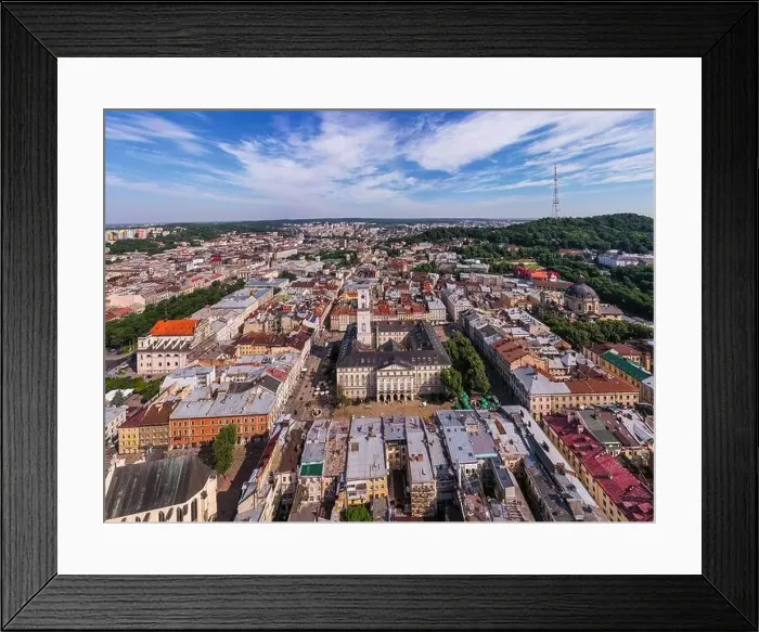 Framed Print : Panoramic aerial view of houses in historical old district of Lviv Framed Print : Panoramic aerial view of houses in historical old district of Lviv