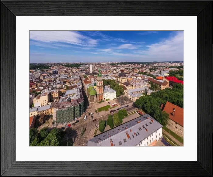 Framed Print : Panoramic aerial view of houses in historical old district of Lviv Framed Print : Panoramic aerial view of houses in historical old district of Lviv