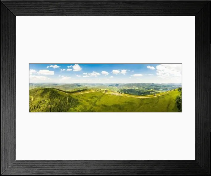 Framed Print : Aerial drone view 180 degrees scenic panoramic landscape of nature in Carpathians Framed Print : Aerial drone view 180 degrees scenic panoramic landscape of nature in Carpathians