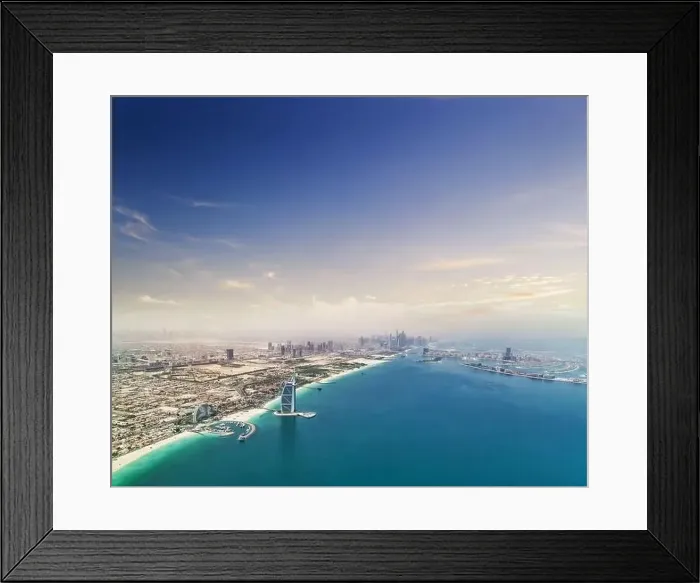 Framed Print : Aerial view of Dubai shore downtown with palm island on background. Panoramic view of modern city Framed Print : Aerial view of Dubai shore downtown with palm island on background. Panoramic view of modern city
