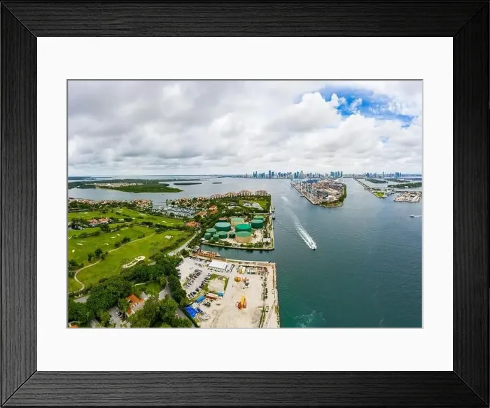 Framed Print : Aerial photo Miami Beach Fisher Island view of Port and Downtown Florida USA Framed Print : Aerial photo Miami Beach Fisher Island view of Port and Downtown Florida USA