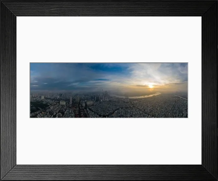 Framed Print : Aerial panorama of colorful sunrise and morning fog in Ho Chi Minh City featuring the Saigon River Framed Print : Aerial panorama of colorful sunrise and morning fog in Ho Chi Minh City featuring the Saigon River