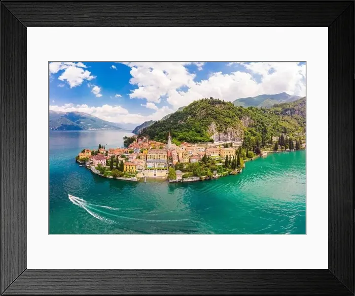 Framed Print : Beautifull aerial panoramic view from the drone to Varenna - famous old Italy town on bank of Como lake Framed Print : Beautifull aerial panoramic view from the drone to Varenna - famous old Italy town on bank of Como lake