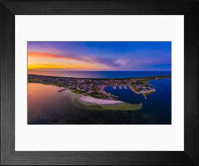 Framed Print : Beautiful Panorama color sky, sunset by the Baltic Sea, Jastarnia, Poland. Harbor. Aerial View Framed Print : Beautiful Panorama color sky, sunset by the Baltic Sea, Jastarnia, Poland. Harbor. Aerial View