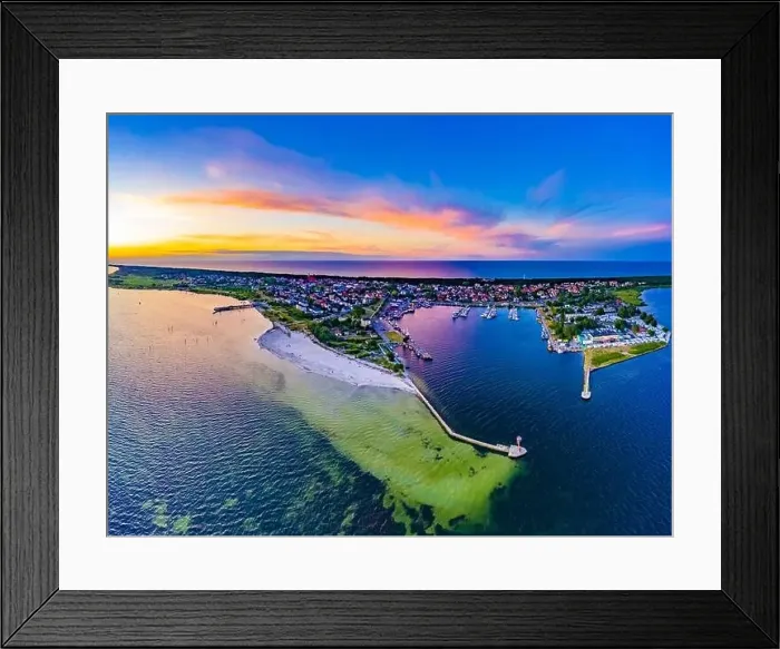 Framed Print : Beautiful Panorama color sky, sunset by the Baltic Sea, Jastarnia, Poland. Harbor. Aerial View Framed Print : Beautiful Panorama color sky, sunset by the Baltic Sea, Jastarnia, Poland. Harbor. Aerial View