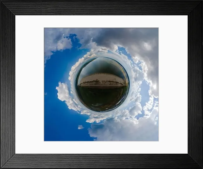 Framed Print : Panoramic view from drone, small planet and blue sky around the globe Framed Print : Panoramic view from drone, small planet and blue sky around the globe
