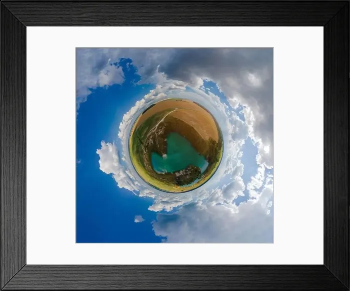 Framed Print : Panoramic view from drone, small planet and blue sky around the globe Framed Print : Panoramic view from drone, small planet and blue sky around the globe