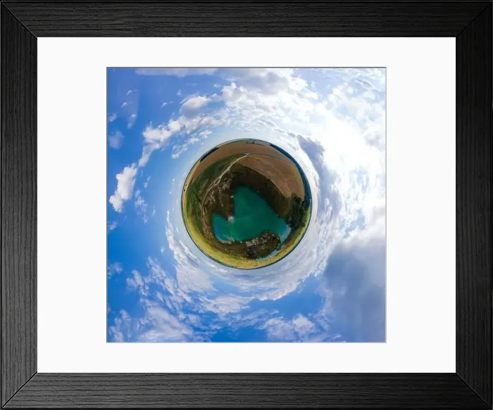 Framed Print : Panoramic view from drone, small planet and blue sky around the globe Framed Print : Panoramic view from drone, small planet and blue sky around the globe