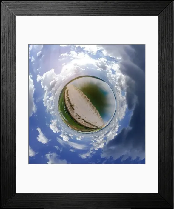 Framed Print : Panoramic view from drone, small planet and blue sky around the globe Framed Print : Panoramic view from drone, small planet and blue sky around the globe