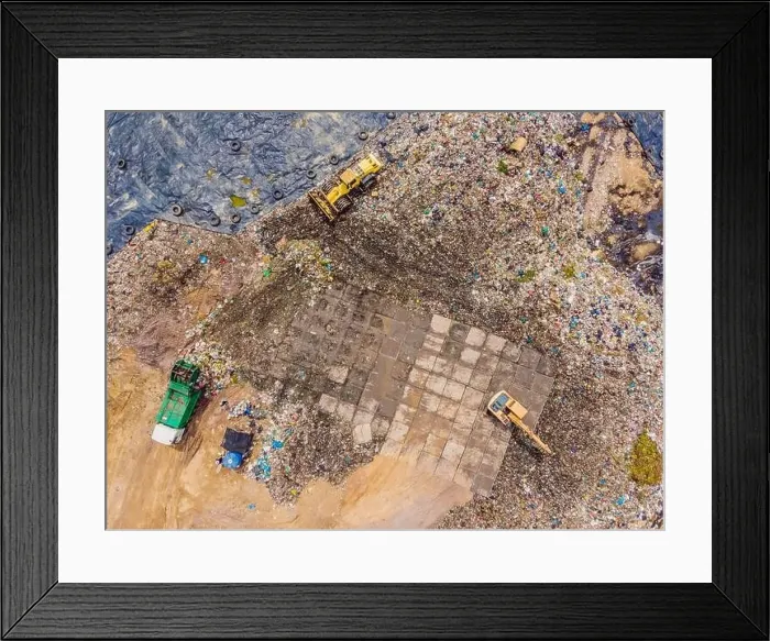 Framed Print : Aerial top view photo from flying drone of large garbage pile Framed Print : Aerial top view photo from flying drone of large garbage pile
