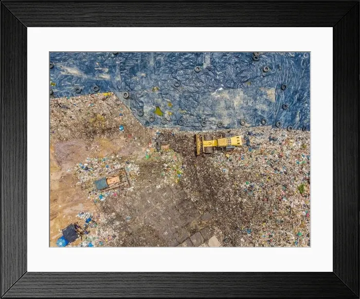 Framed Print : Aerial top view photo from flying drone of large garbage pile Framed Print : Aerial top view photo from flying drone of large garbage pile