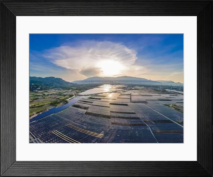 Framed Print : solar energy panels and wind turbine. Drone view Framed Print : solar energy panels and wind turbine. Drone view