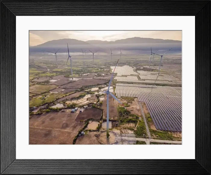 Framed Print : solar energy panels and wind turbine. Drone view Framed Print : solar energy panels and wind turbine. Drone view