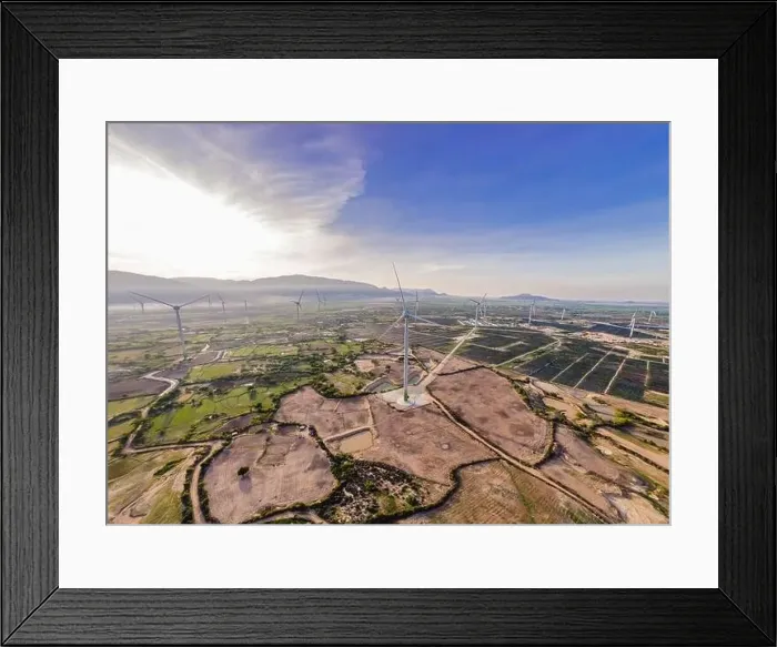 Framed Print : solar energy panels and wind turbine. Drone view Framed Print : solar energy panels and wind turbine. Drone view