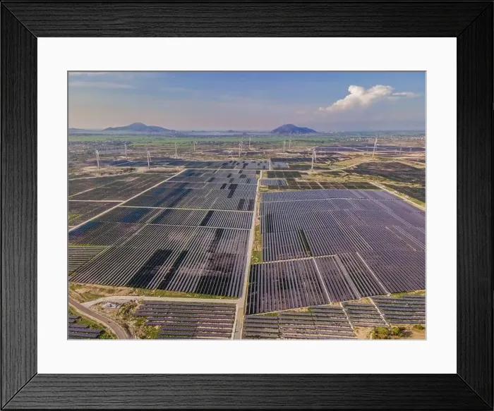 Framed Print : solar energy panels and wind turbine. Drone view Framed Print : solar energy panels and wind turbine. Drone view