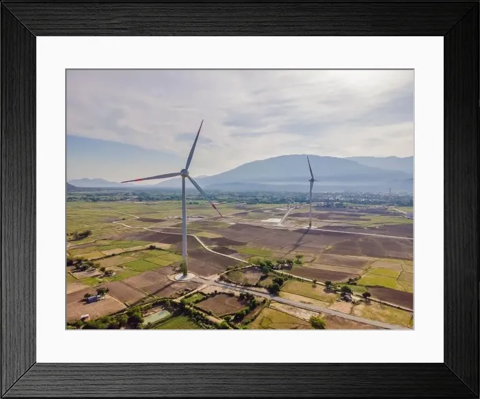 Framed Print : solar energy panels and wind turbine. Drone view Framed Print : solar energy panels and wind turbine. Drone view