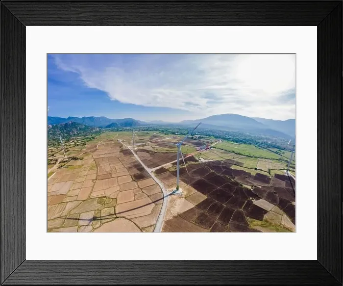Framed Print : solar energy panels and wind turbine. Drone view Framed Print : solar energy panels and wind turbine. Drone view