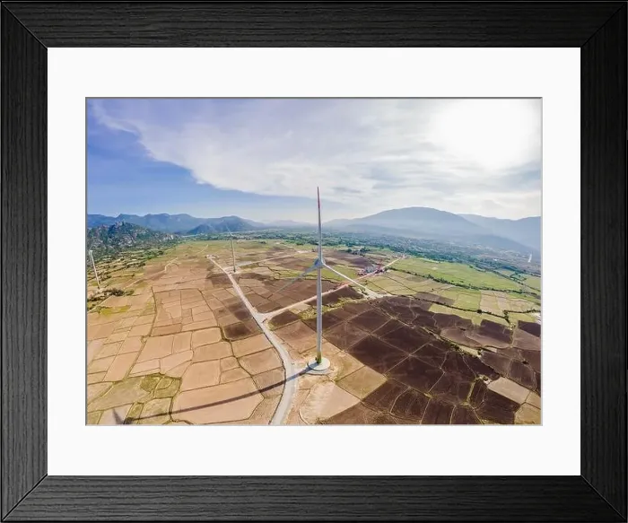 Framed Print : solar energy panels and wind turbine. Drone view Framed Print : solar energy panels and wind turbine. Drone view