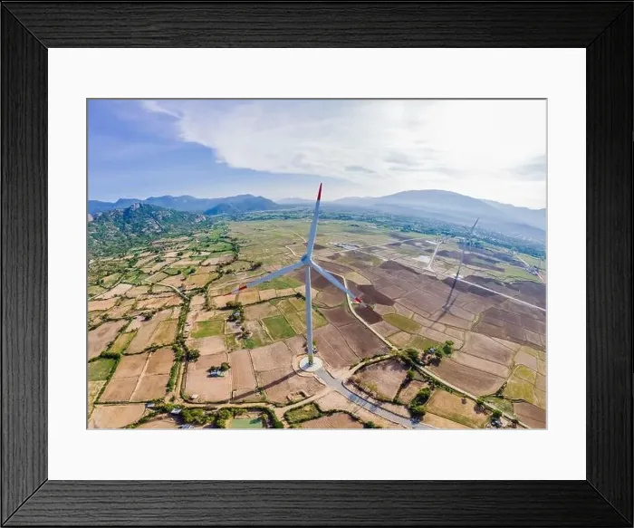 Framed Print : solar energy panels and wind turbine. Drone view Framed Print : solar energy panels and wind turbine. Drone view