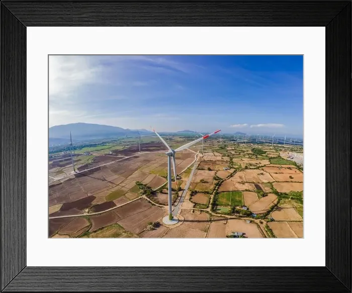Framed Print : solar energy panels and wind turbine. Drone view Framed Print : solar energy panels and wind turbine. Drone view