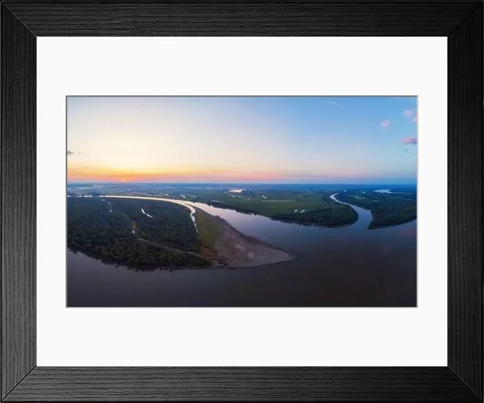 Framed Print : Aerial drone view of river landscape in sunny summer evening