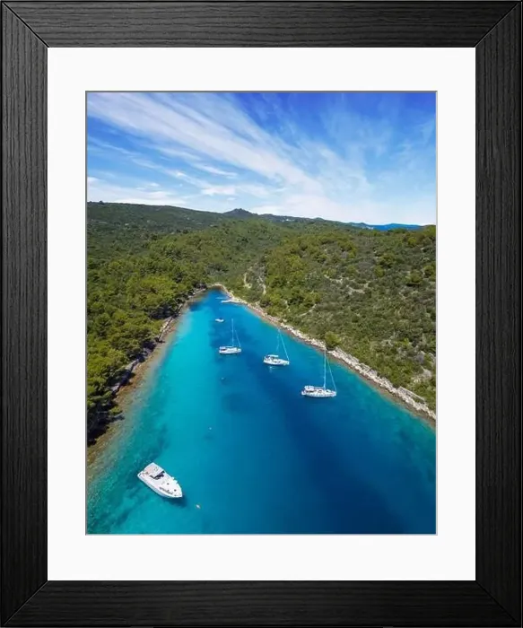 Framed Print : Sailing boats anchoring in Croatia bay, aerial view. Active life style, water transportation and marine sport Framed Print : Sailing boats anchoring in Croatia bay, aerial view. Active life style, water transportation and marine sport