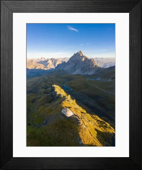 Framed Print : Aerial view of Rocca la Meja at sunrise with the abandoned bunker of the Alpine Wall Framed Print : Aerial view of Rocca la Meja at sunrise with the abandoned bunker of the Alpine Wall