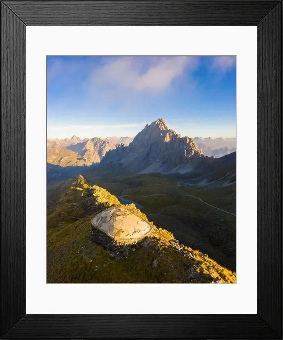 Framed Print : Aerial view of Rocca la Meja at sunrise with the abandoned bunker of the Alpine Wall Framed Print : Aerial view of Rocca la Meja at sunrise with the abandoned bunker of the Alpine Wall