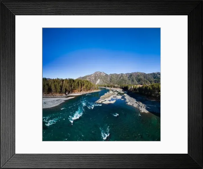 Framed Print : Aerial panorama of the autumn valley of a mountain river. Altai, Katun River, October Framed Print : Aerial panorama of the autumn valley of a mountain river. Altai, Katun River, October