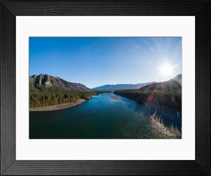 Framed Print : Aerial panorama of the autumn valley of a mountain river. Altai, Katun River, October Framed Print : Aerial panorama of the autumn valley of a mountain river. Altai, Katun River, October