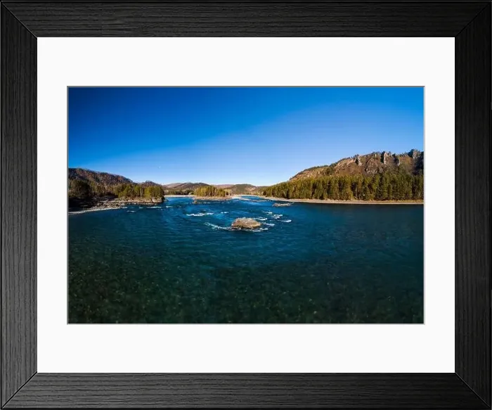 Framed Print : Aerial panorama of the autumn valley of a mountain river. Altai, Katun River, October Framed Print : Aerial panorama of the autumn valley of a mountain river. Altai, Katun River, October