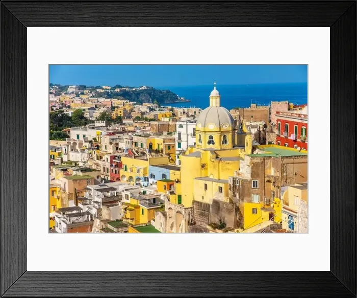 Framed Print : Aerial drone view of vibrantly colorful houses of Marina Corricella in sunny summer weather at Procida island, Italy Framed Print : Aerial drone view of vibrantly colorful houses of Marina Corricella in sunny summer weather at Procida island, Italy