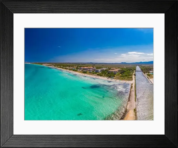 Framed Print : Aerial drone view of a coast line with beach in playa de Muro, Mallorca, Spain Framed Print : Aerial drone view of a coast line with beach in playa de Muro, Mallorca, Spain