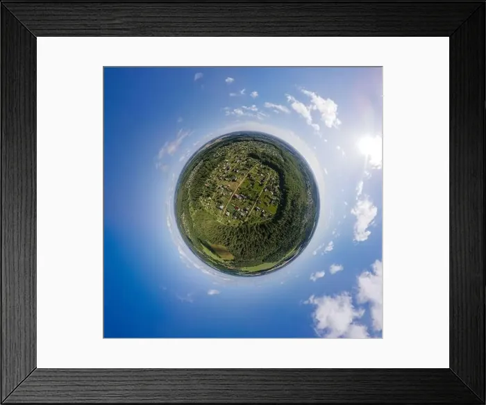 Framed Print : Panoramic view from drone, small planet and blue sky around the globe