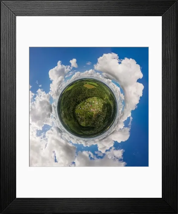 Framed Print : Panoramic view from drone, small planet and blue sky around the globe Framed Print : Panoramic view from drone, small planet and blue sky around the globe