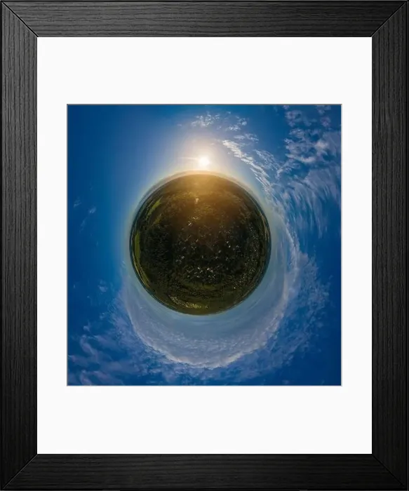 Framed Print : Panoramic view from drone, small planet and blue sky around the globe Framed Print : Panoramic view from drone, small planet and blue sky around the globe